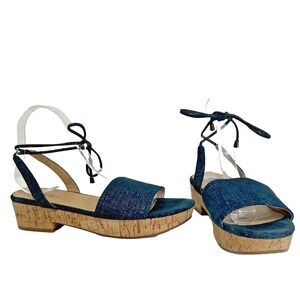 Vaneli 8 1/2 M Blue Glitter Cork Espadrille Wedge Sandals Open Toe Tie Ankle